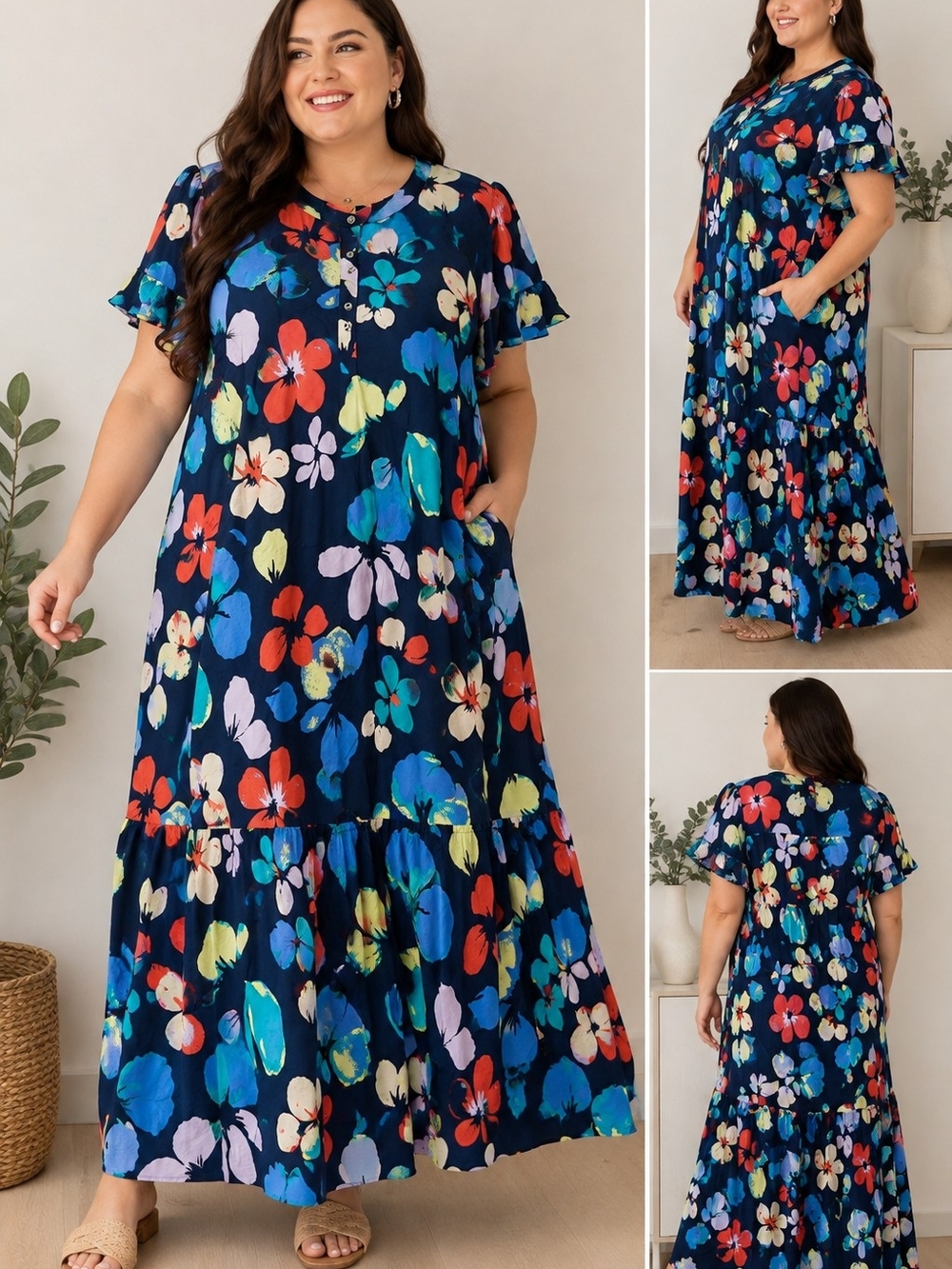 Terra & Sky 4X Floral Tiered Maxi Dress Ruffle Sleeve Button Front Plus Coastal